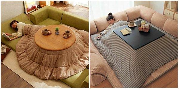 24. Mükemmel yatakta kahvaltı senaryosu için, Japon şiltesiyle kaplanmış alttan ısıtmalı Kotatsu masası. 🛏😍