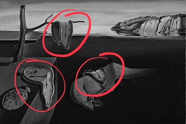 3. Перед вами шедевр Сальвадора Дали «Постоянство памяти». Сможете ли вы вспомнить цвет циферблатов часов?