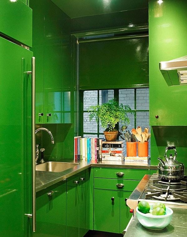 19. Buzdolabının bile yeşil olduğu bir mutfak düşünün.
