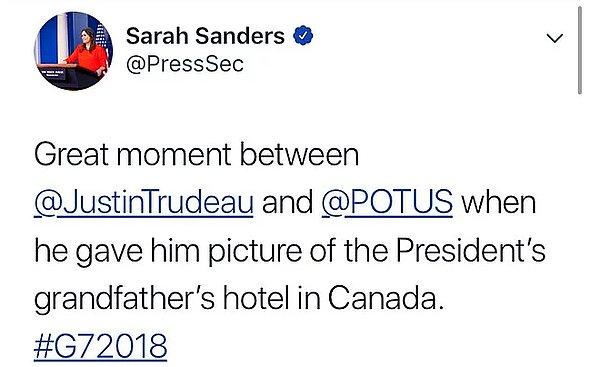 Beyaz Saray sözcüsü Sarah Sanders da bu anı Twitter hesabından paylaştı 👇