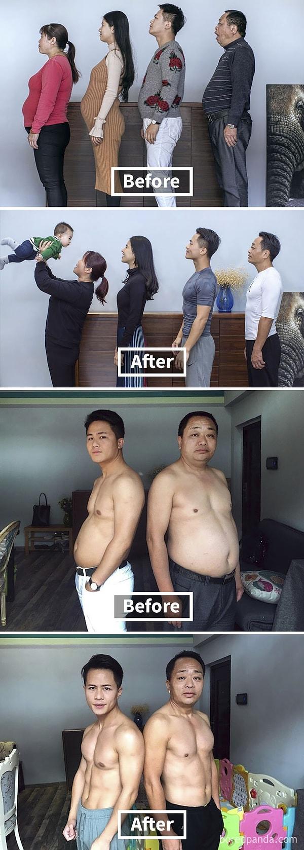 14. "6 ay boyunca egzersiz yapan Çinli ailenin önce ve sonra fotoğrafları:"