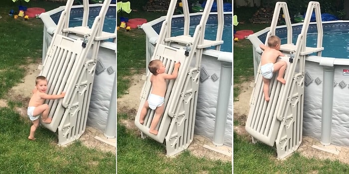 Havuza Girebilmek İçin Kilitli Merdiveni Azimle Tırmanan 2 Yaşındaki Bebeğin Takdire Şayan Çabası