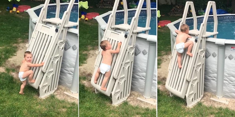 Havuza Girebilmek İçin Kilitli Merdiveni Azimle Tırmanan 2 Yaşındaki Bebeğin Takdire Şayan Çabası