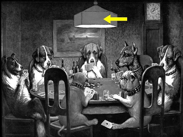 12. Какого цвета лампа на картине Кассиуса Кулиджа "Собаки играют в покер"?