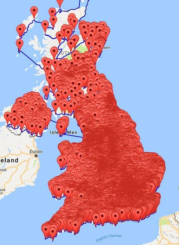 4. İngiltere'deki bütün barların işaretlendiği harita.