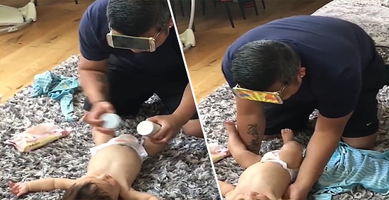 Çocuğun Altını Değiştirirken Dikkatini de Dağıtmanın Muhteşem Bir Yolunu Bulan Yaratıcı Baba
