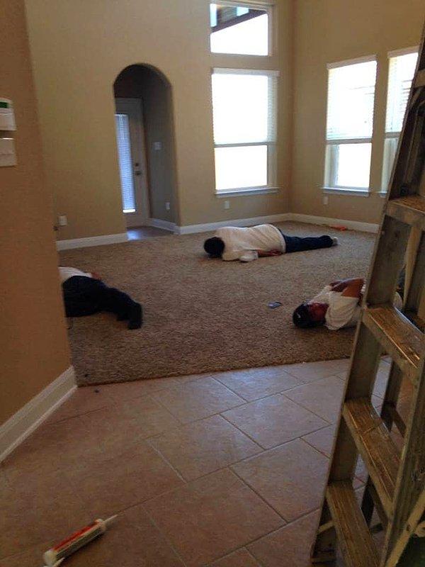 12. Bu fotoğrafı paylaşan kişi eve geldiğinde tadilat yapıyor olması gereken bütün çalışanları uyurken bulmuş!