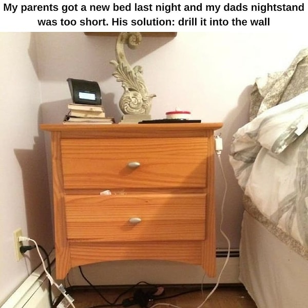 13. «Родители купили новую кровать вчера вечером. Тумбочка моего отца была слишком низкой. Решение папы - прибить ее к стене!»