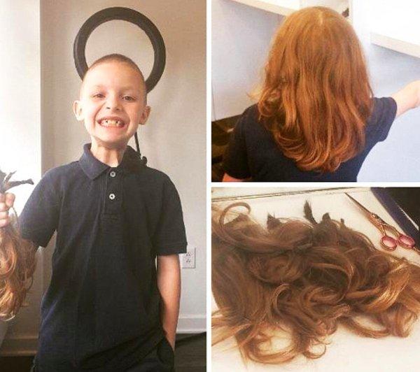 17. "Oğlum 4 yıl boyunca sabırla saçlarını uzattı, sonunda geçen hafta bağışlanacak boya ulaştı! Güzel bir peruk yapılmasını sağlayacak kalın telli saçları vardı."
