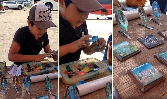 Kaşık ve Yongalar Üzerine Resimler Yapan Sokak Sanatçısı Çocuk