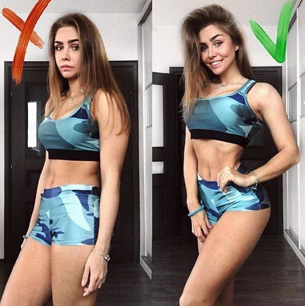 9. Все тот же прогиб в пояснице, чуть выставленная вперед нога, рука на талии прикрывает складку