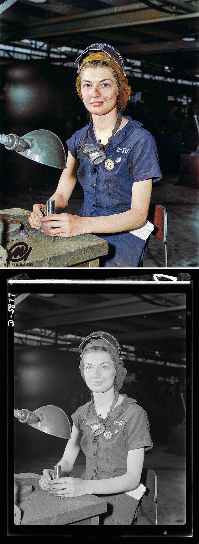 18. Eunice Hancock, 21 yaşında bir kadın, İkinci Dünya Savaşı sırasında bir hava tesisinde bir basınçlı hava değirmenini çalıştırıyor, Ağustos 1942
