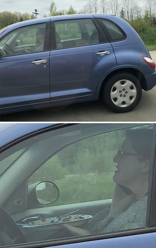 4. Как эта дама умудряется вести машину, держать тарелку с вилкой и ножом и разговаривать по телефону?