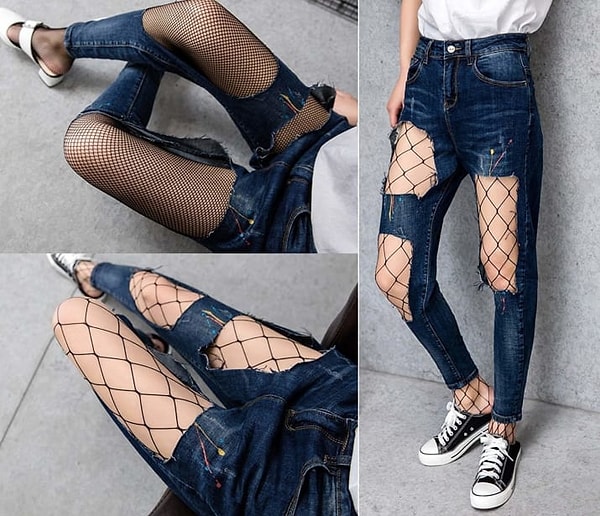 8. Колготки в крупную сетку под рваны джинсы - тренд, который уже давно потерял свою актуальность, но вот для тематической вечеринки он сгодится всегда.