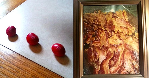 11. А этот гость запросил 3 драже M&M's: одно для себя, другое для своей девушки и третье на случай, если они проголодаются ночью. А ещё картину с изображением бекона...