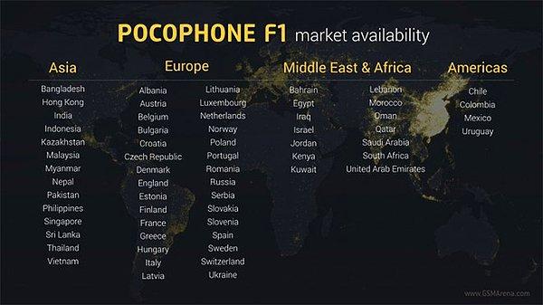 Xiaomi Poco F1'in ilk aşamada satışa sunulacağı ülkeler ise şu şekilde;
