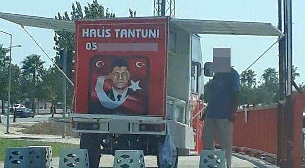 Zabıta Müdürlüğü ekipleri, kahramanın fotoğrafı ile 'Halis Tantuni' adıyla tantuni satan seyyar tezgah işletmecisine müdahale etti.