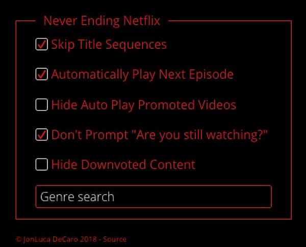 8. Never Ending Netflix adlı Chrome uzantısı sayesinde iki bölüm arasında duraklamadan, 'İzlemeye devam ediyor musunuz?' sorusuna takılmadan saatlerce Netflix'in tadını çıkarın.