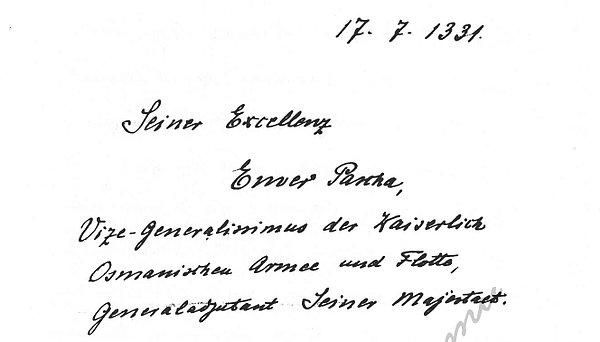 Liman von Sanders'in bizzat Enver Paşa'ya yazdığı Almanca mektup, bir dönem Türk Tarih Kurumu Başkanlığı da yapmış olan merhum Uluğ İğdemir tarafından yayınlanmıştır:
