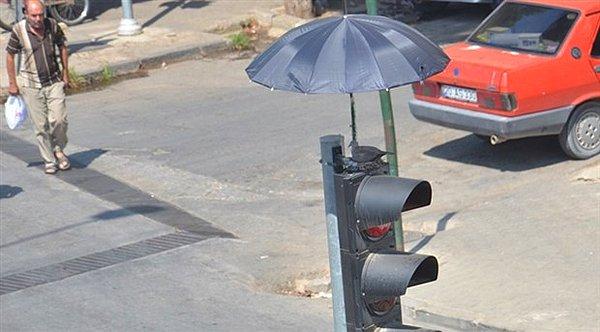 2. İzmir'in Ödemiş ilçesinde bir hayvansever, trafik ışıklarının olduğu direğin tepesine yuva yapan kumruyu aşırı sıcaklardan korumak için direğe şemsiye monte etti.