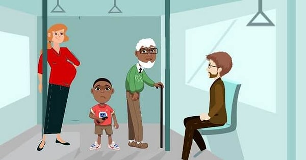 Похоже, комфортно доехать до своей остановки у вас не получится. При этом вам стоит сделать нелегкий выбор. Кому вы уступите место?