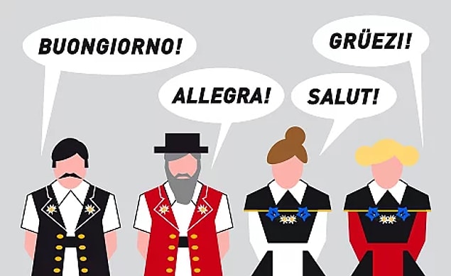 Haliyle ülkede konuşulan diller de çok çeşitli, ülkenin Almanca, Fransızca, İtalyanca ve Romança olmak üzere dört resmi dili var.