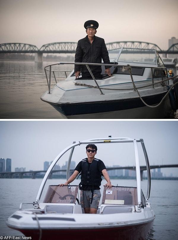 7. Kuzey Koreli Turist teknesi sürücüsü (Pyongyang'daki Taedong Nehri) ve onun Güney Koreli meslektaşı (Seoul'daki Han Nehri)