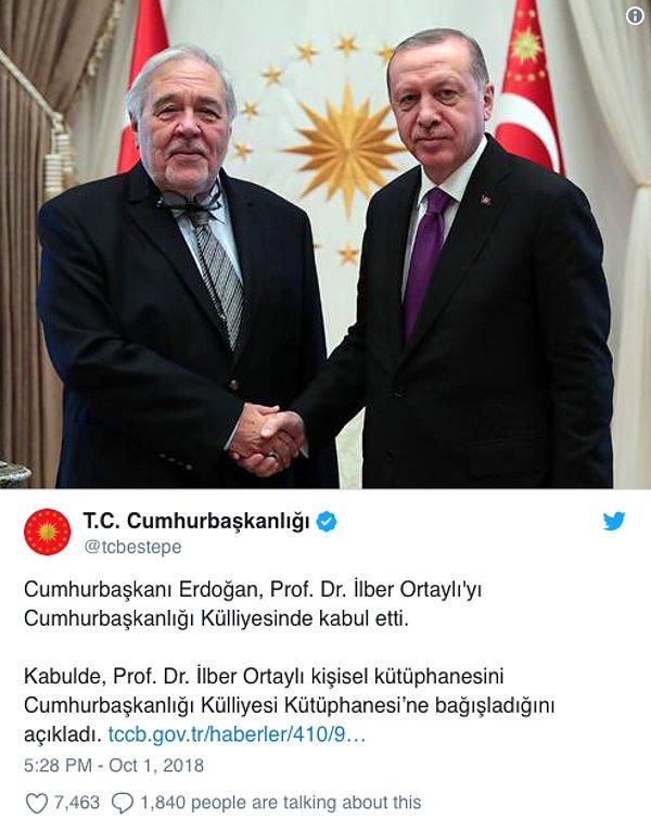 Ortaylı, geçtiğimiz günlerde Cumhurbaşkanı Erdoğan ile bir araya gelmiş ve kişisel kütüphanesini Cumhurbaşkanlığı Külliyesi'ne armağan etmişti.
