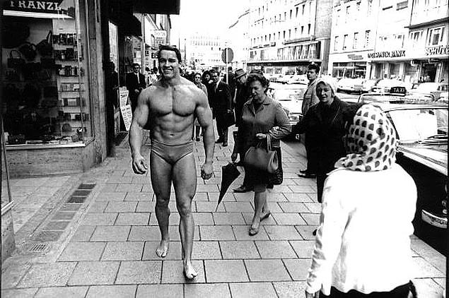 1. Arnold Schwarzenegger, went shirtless in public in order to promote his gym in Munich, 1969.