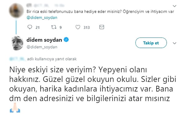 Takipçilerinden biri, telefon ihtiyacı olduğunu söyledi ve Didem Soydan hemen devreye girdi!