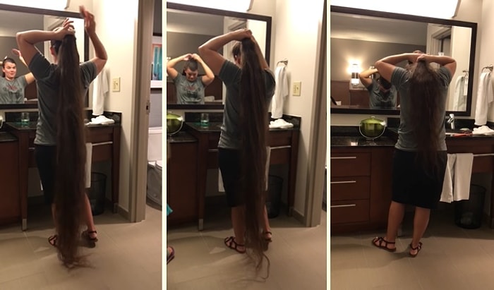 Efsane Uzun Saçlara Sahip Kadının 2 Dakikada Yerlere Uzanan Saçlarını Nasıl Topladığın Görüntüleri