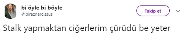 Sürekli olarak stalk yapmaktan, başka insanların sosyal medya hesaplarını incelemekten yorulmuştur.