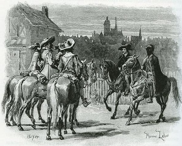 4. Ответ можно найти в самом тексте: "В два часа ночи наши четверо искателей приключений выехали из ... через ворота Сен-Дени. Пока вокруг царил мрак, они ехали молча; темнота против их воли действовала на них - всюду им мерещились засады".