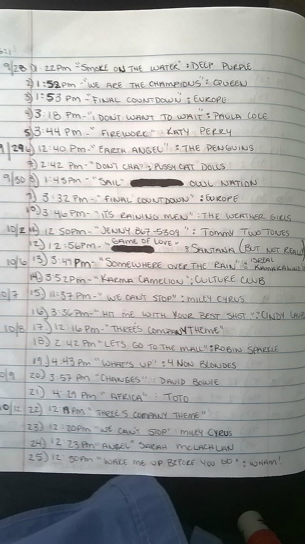 10. Внимательные коллеги, которые не поленились вести точный учет ВСЕХ песен, которые напевал один из сотрудников: