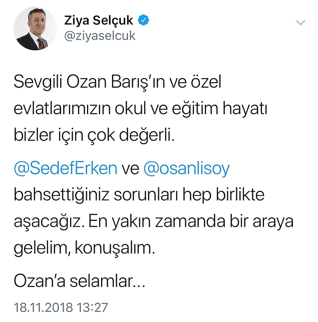 Erken ve Sanlısoy'un paylaşımlarının ardından Twitter'ın gündemine oturan 'otizmli çocukların eğitim sistemindeki sorunları'na ilişkin, Milli Eğitim Bakanı Selçuk'tan açıklama geldi: 'Bahsettiğiniz sorunları hep birlikte aşacağız'