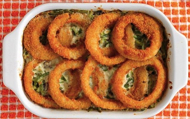 Green bean casserole with onion rings