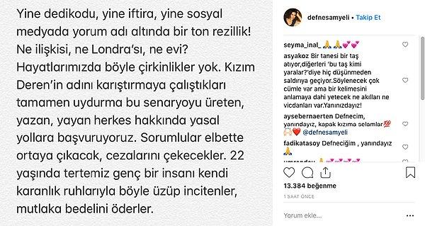 Bu açıklamanın ardından ise Defne Samyeli de Instagram hesabı üzerinden bir açıklama yaptı ve çok sert ifadeler kullandı.