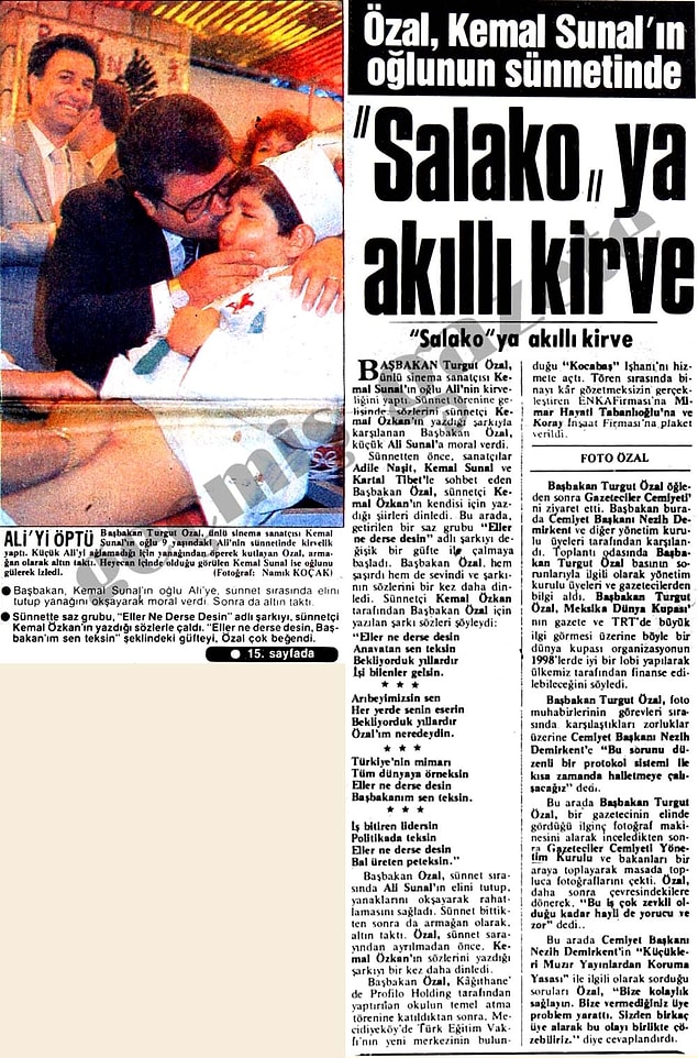 2. Ali Sunal'ın kirvesi, dönemin başbakanı Özal. Buradaki ilginç detay ise sünnetçi Kemal Özkan'ın, araya Özal'ı öven şarkı sıkıştırması.