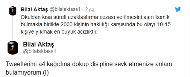 Olay sonrası uzaklaştırma alan bir öğrenci ise Twitter hesabından böyle seslendi 👇