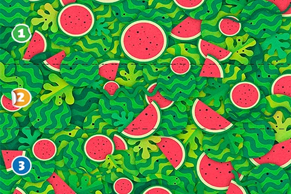 1. Итак, среди долек арбуза замаскировалась змея 🐍 В какой из частей картинки она находится?