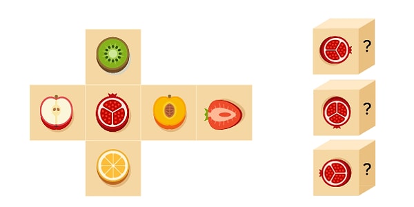 8. Справа изображен один и тот же кубик, который поворачивали по-разному. Рассмотрите его развертку справа и скажите, какие фрукты должны быть под знаком вопроса (сверху вниз).