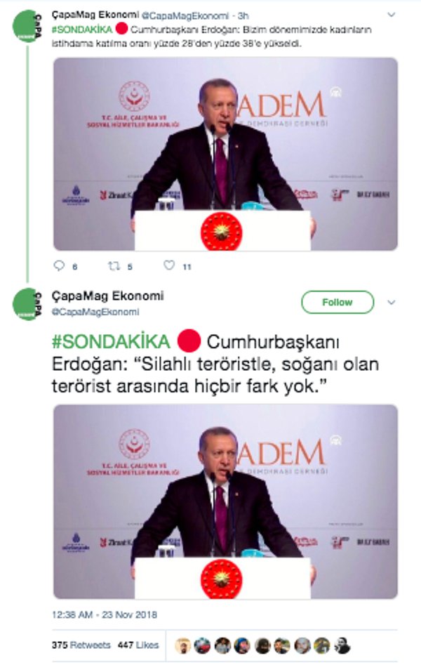 Ancak Cumhurbaşkanı Erdoğan’ın II. Uluslararası Kadın ve Adalet Zirvesi’nde yaptığı konuşmada “Silahlı teröristle, soğanı olan terörist arasında hiçbir fark yok.” dediği iddiası doğru değil.