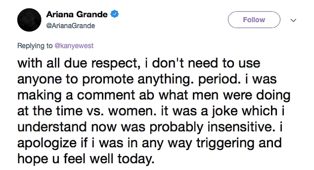 Then Ariana apologizes.