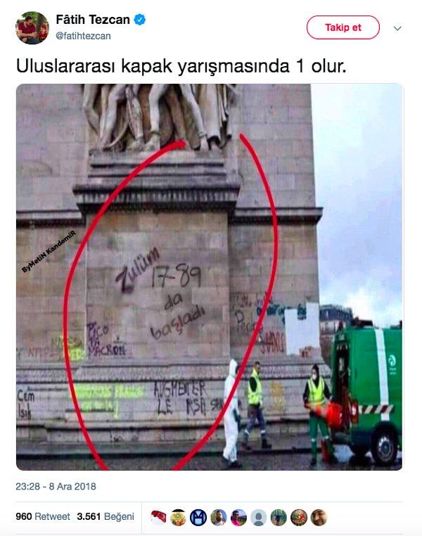 Ardından sosyal medyada Paris’teki bir duvara “Zulüm 1789’da başladı” yazıldığını gösteren bir fotoğraf paylaşılmaya başlandı.