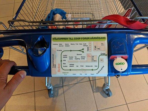 18. İsveç'teki bu süpermarkette alışveriş arabalarının üzerinde mağazanın haritası var.