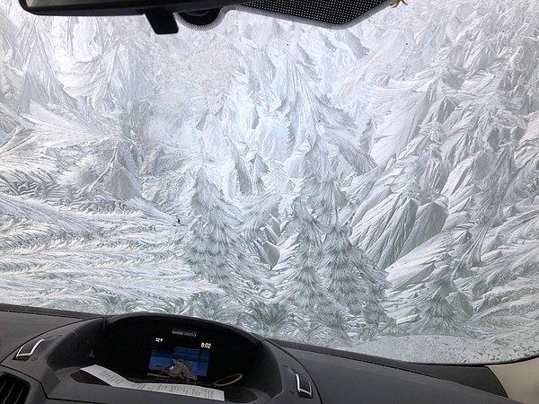 4. Bir kış günü aracınıza oturdunuz ve ön camda böyle bir buzlanma var.