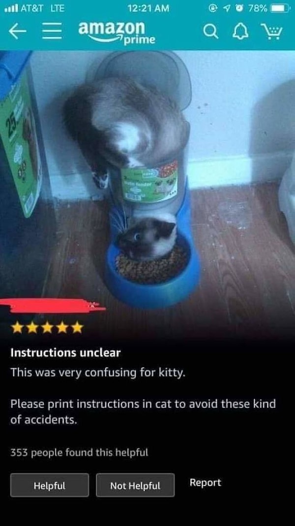 18. Кот не смог прочесть инструкцию.