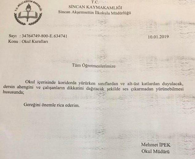 Müdür Mehmet İpek tarafından önce öğretmenlere 'okul kuralları' konulu resmi bir yazı gönderildi.