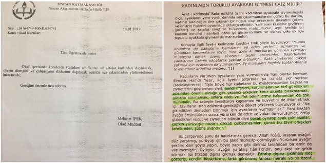 2. Ankara'nın Sincan ilçesindeki Akşemsettin İlkokulu müdürü dinen caiz olmadığı gerekçesiyle kadın öğretmenlerin topuklu ayakkabı giymesini yasakladı ve "Kadınların topuklu giymesi caiz midir?" başlıklı bir yazı dağıttı.