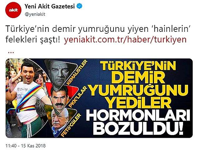 12. Akit gazetesi 'Türkiye’nin demir yumruğunu yediler, hormonları bozuldu' başlığıyla bir haber servis etti. Haberde kullanılan fotoğrafta Mustafa Kemal Atatürk’le teröristleri yan yana koyan gazete ayrıca homofobik ifadelere yer verdi.